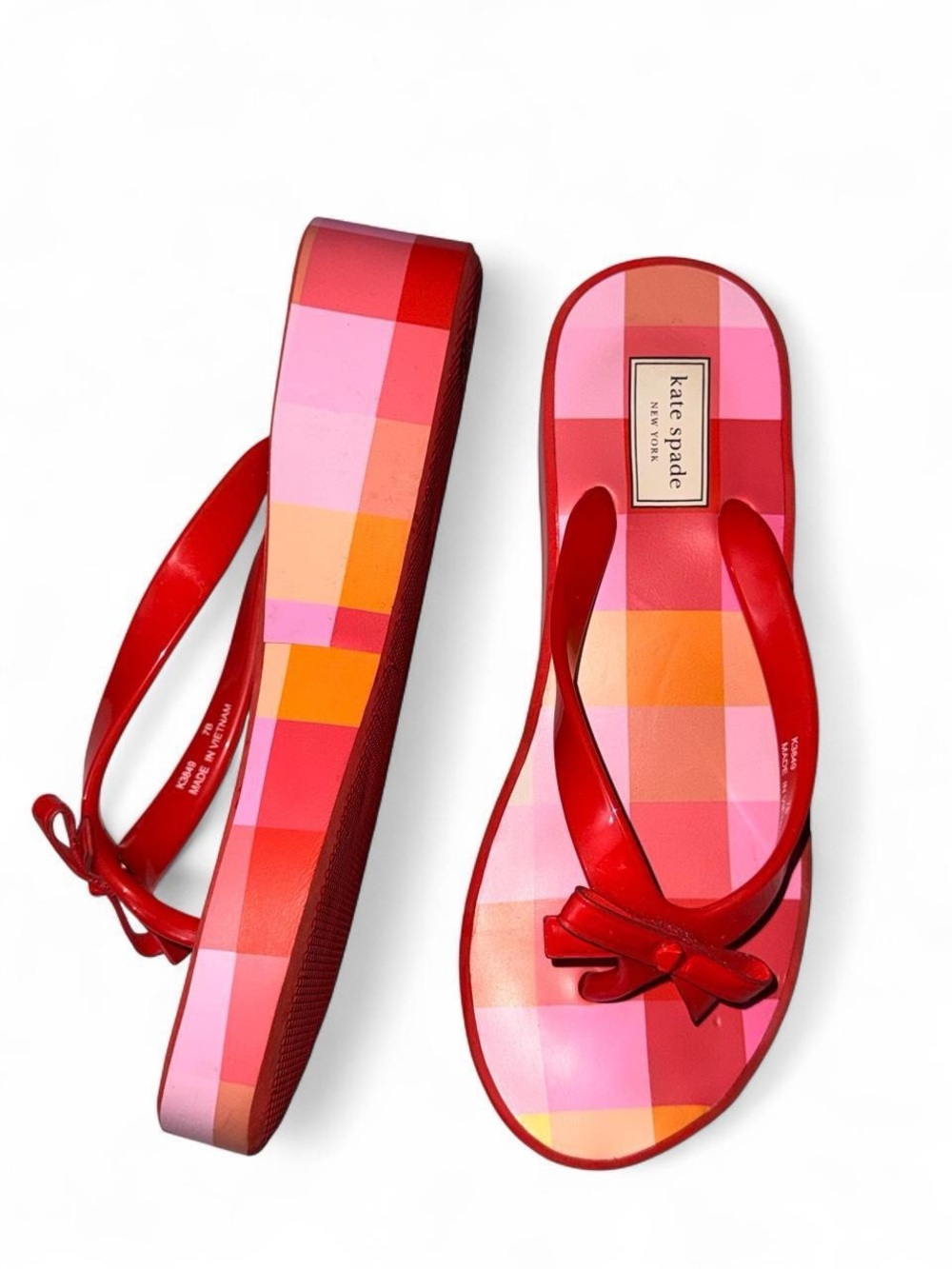 kate spade Red Pink Orange Check Platform Flip Flops